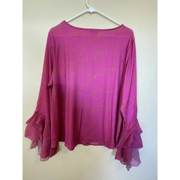Shavonne Dorsey Gravity Knit Top With Ruffled Chiffon Sleeves Pink Size XL - Picture 6 of 7